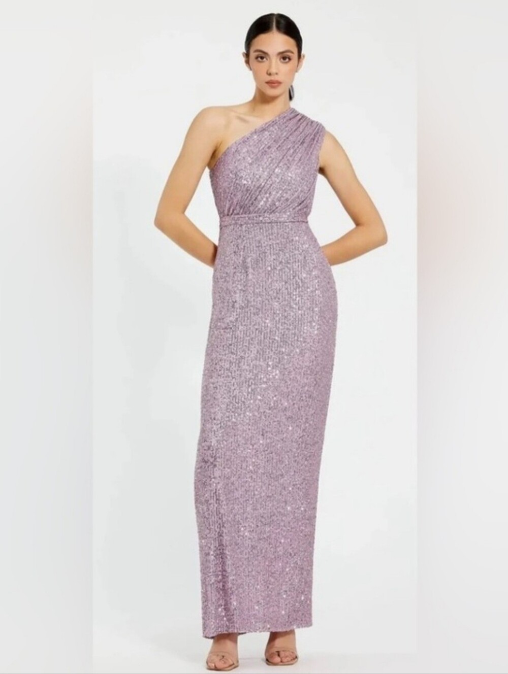Mac Duggal Sequined Ruched One Shoulder Gown In Lilac Sz 10